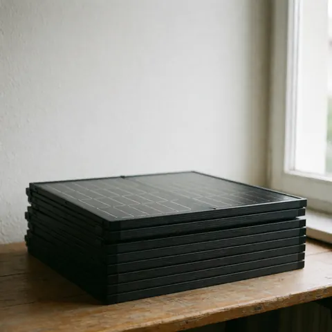 Plusieurs panneaux solaires pliables empilés sur une table en bois, éclairés par la lumière naturelle d'une fenêtre, sur un fond blanc et épuré.