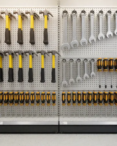 Murs d'outils en quincaillerie, marteaux, clés et tournevis sur panneau, éclairage vif, ordonné et professionnel.