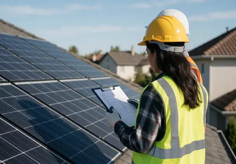 Une femme en tenue de sécurité inspecte des panneaux solaires sur un toit résidentiel sous un ciel bleu, tenant un carnet de documents.