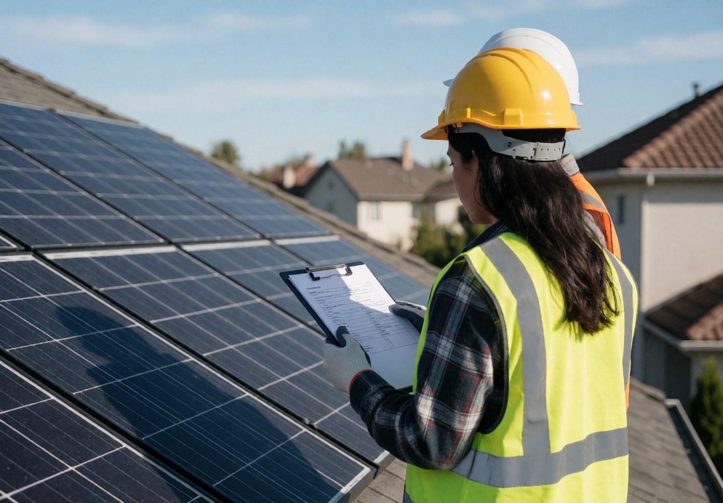 Une femme en tenue de sécurité inspecte des panneaux solaires sur un toit résidentiel sous un ciel bleu, tenant un carnet de documents.