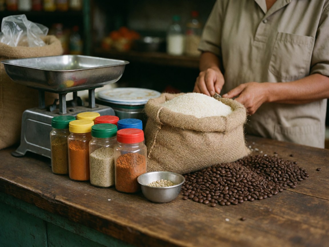 Scène de minimarket montrant une balance, du riz en sac, des épices, du café et des mains travaillant sur une table en bois.