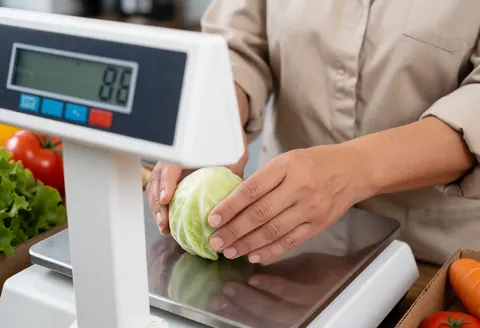 Des mains pèsent des légumes frais sur une balance numérique dans un magasin d'alimentation.