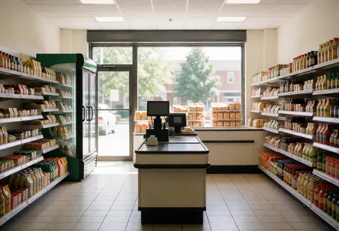Vue intérieure d'un minimarket vide avec des étagères remplies de produits, une caisse enregistreuse et un réfrigérateur éclairés par la lumière du jour.