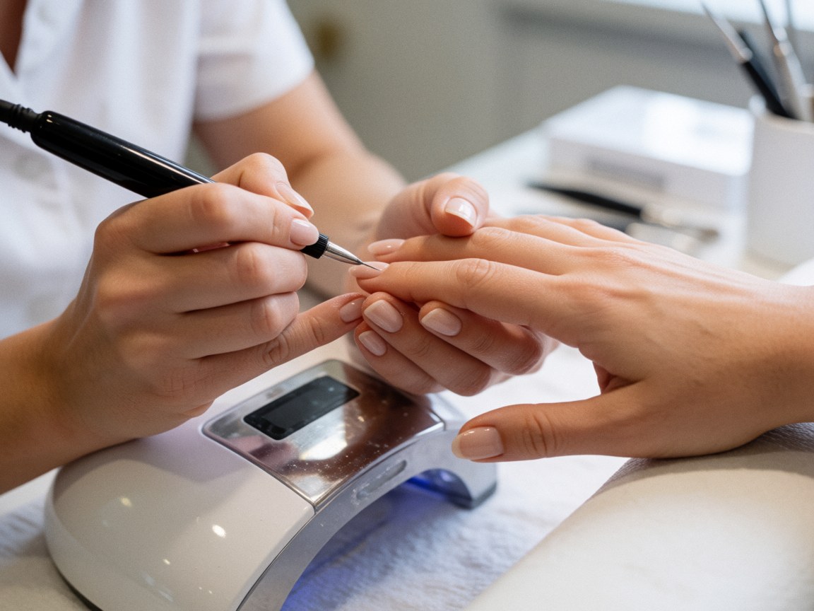 Application de gel sur les ongles avec un pinceau, mains en action, station de manucure avec outils et lumière blanche.