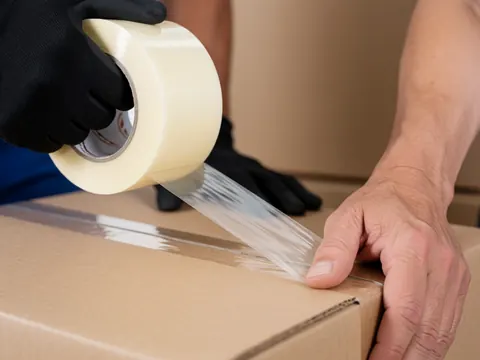 Gros plan d'une main portant un gant noir qui pose du ruban transparent sur une boîte en carton marron, dans un contexte de déménagement professionnel avec un arrière-plan flou.