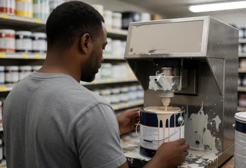 Un homme utilise une machine pour mélanger de la peinture personnalisée dans un magasin de bricolage.