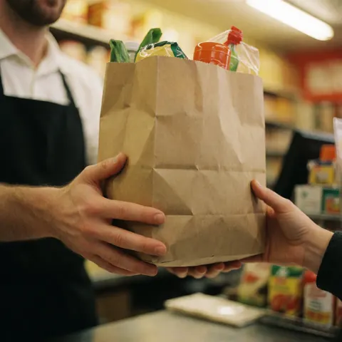 Une main tendant un sac en papier à un client dans une petite épicerie, mettant en valeur le service et la transaction.
