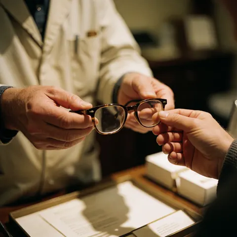 Des mains tenant une paire de lunettes neuve, éclairage chaleureux sur un fond en bois, mettant en valeur la qualité du service et du produit fini.