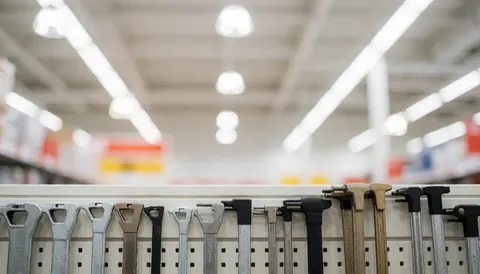 Arrière-plan lumineux d'un magasin de quincaillerie avec des clés en premier plan, offrant un espace pour le texte, idéal pour les entreprises de construction et de bricolage.