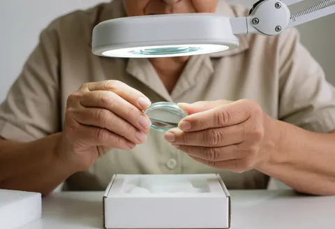 Une femme examine attentivement une lentille optique à l'aide d'une loupe, démontrant précision et soin dans le contrôle qualité en laboratoire.