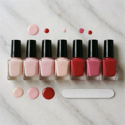 Vue de dessus d'une rangée de vernis à ongles aux tons pastels et rouges posés sur une surface en marbre, accompagnés de gouttes de couleur et d'un nettoyant.