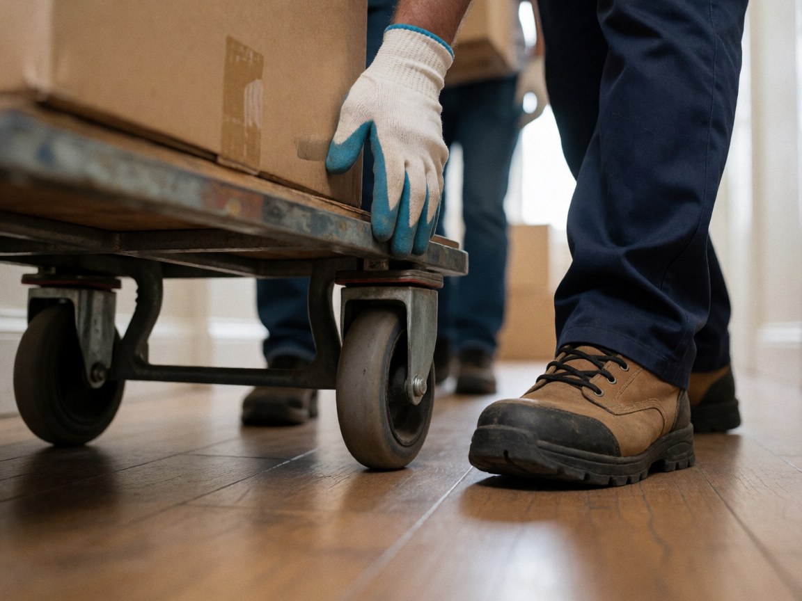 Personne déplaçant une boîte sur un chariot à roulettes dans un couloir, portant des gants et des chaussures de travail pour une scène réaliste de déménagement professionnel.