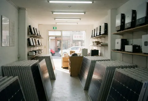 Intérieur d'un magasin dédié à l'énergie solaire montrant des étagères blanches organisées, des panneaux solaires, des onduleurs et des batteries disposés dans un environnement lumineux et propre.