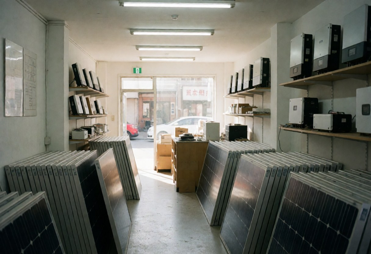 Intérieur d'un magasin dédié à l'énergie solaire montrant des étagères blanches organisées, des panneaux solaires, des onduleurs et des batteries disposés dans un environnement lumineux et propre.
