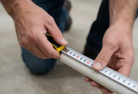 Un professionnel mesure un tube blanc en PVC avec un mètre ruban dans un atelier, vue rapprochée sur les mains et l'outil de mesure.