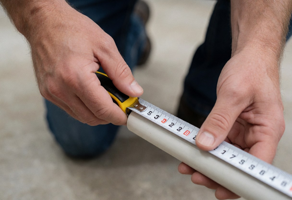 Un professionnel mesure un tube blanc en PVC avec un mètre ruban dans un atelier, vue rapprochée sur les mains et l'outil de mesure.