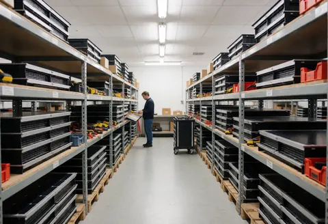 Entrepôt industriel avec panneaux solaires et outils organisés sur des étagères, une personne travaille en arrière-plan, éclairage fluorescent, environnement propre et professionnel.