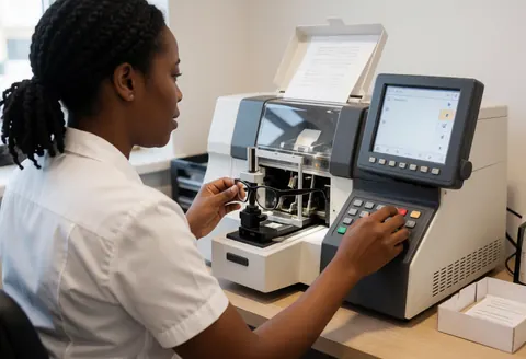Un technicien ajuste des verres avec précision sur une machine optique moderne. L'environnement est propre, professionnel et bien éclairé.