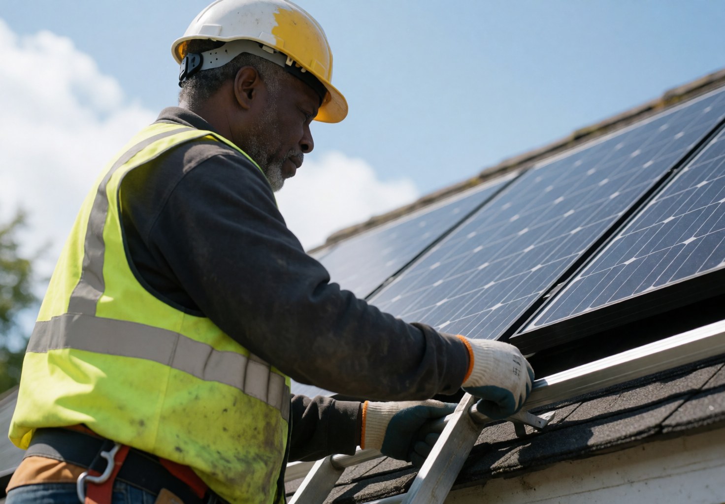 Un technicien en tenue de sécurité installe un panneau solaire sur un toit sous un ciel bleu, illustrant une intervention professionnelle dans le secteur des énergies renouvelables.