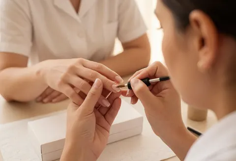 Vue arrière d'une technicienne appliquant une manucure française sur les mains d'une cliente avec un pinceau, en gros plan, dans un salon de beauté professionnel.