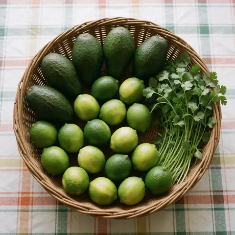 Un panier en osier rempli d'avocats verts, de limes et de feuilles de coriandre fraîche posé sur une nappe à carreaux, évoquant des ingrédients frais pour la cuisine.
