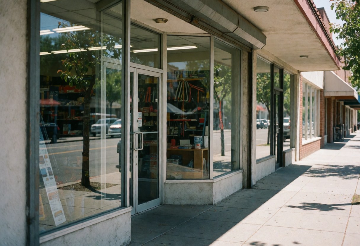 Façade d'un magasin d'outils avec une vitrine en verre, une porte d'entrée et des reflets d'arbres et de la rue. Ambiance ensoleillée et accessible aux clients.