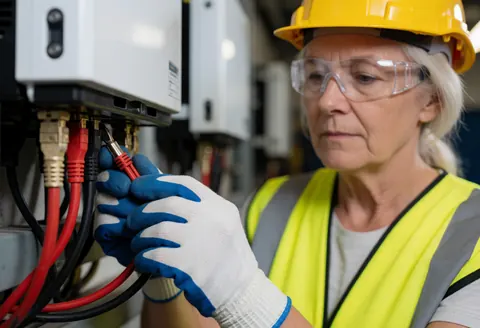 Une femme en tenue de sécurité industrielle branche des câbles électriques sur un onduleur solaire dans un atelier.