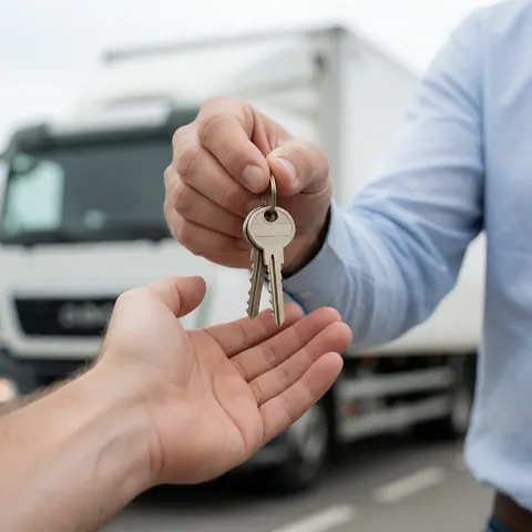Une main remet des clés à une autre main avec un camion de déménagement en arrière-plan flou symbolisant la fin du service.