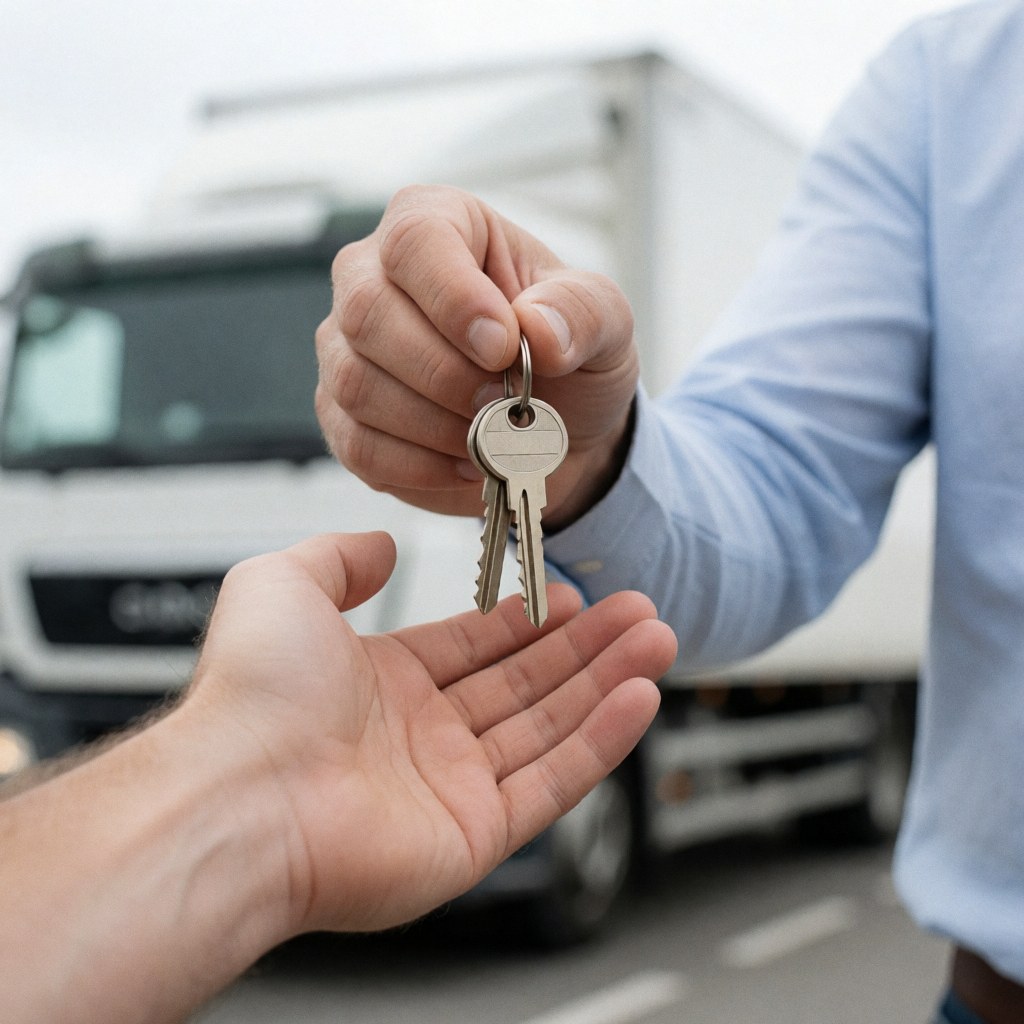 Une main remet des clés à une autre main avec un camion de déménagement en arrière-plan flou symbolisant la fin du service.