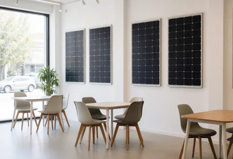 Intérieur d'un showroom avec des panneaux solaires sur des murs blancs, des tables et des chaises modernes, une lumière naturelle par de grandes fenêtres, un environnement propre et professionnel pour une entreprise