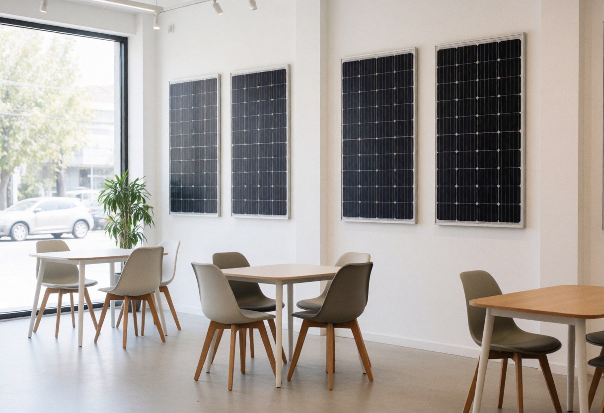 Intérieur d'un showroom avec des panneaux solaires sur des murs blancs, des tables et des chaises modernes, une lumière naturelle par de grandes fenêtres, un environnement propre et professionnel pour une entreprise