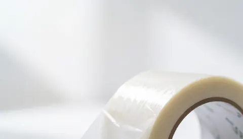 Fond abstrait composé d'un ruban adhésif blanc enroulé, servant de support visuel pour des textes publicitaires ou commerciaux dans le secteur du déménagement.
