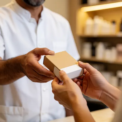 Vendeur en salon de manucure remet une boîte contenant des soins à un client dans un environnement chaleureux.