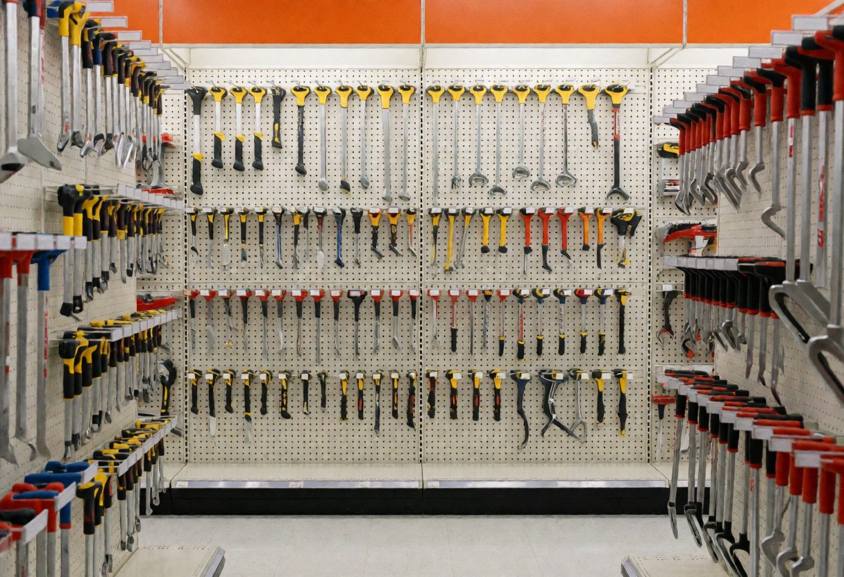 Vue d'un couloir bien rangé dans une quincaillerie avec des outils suspendus au mur.