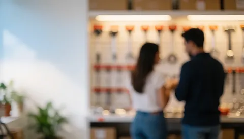 Arrière-plan flou d'un magasin d'outillage avec des silhouettes de dos, éclairage chaleureux et espace réservé pour du texte.
