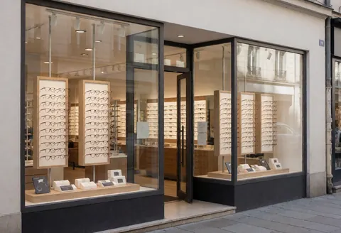 Optique contemporaine aux larges fenêtres exposant des montures sur des présentoirs, entrée ouverte et façade soignée invitant à la visite.