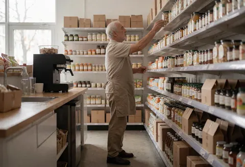 Un homme âgé atteint un produit sur une étagère dans un minimarket éclairé par la lumière naturelle, avec des produits, une cafetière et des emballages visibles.