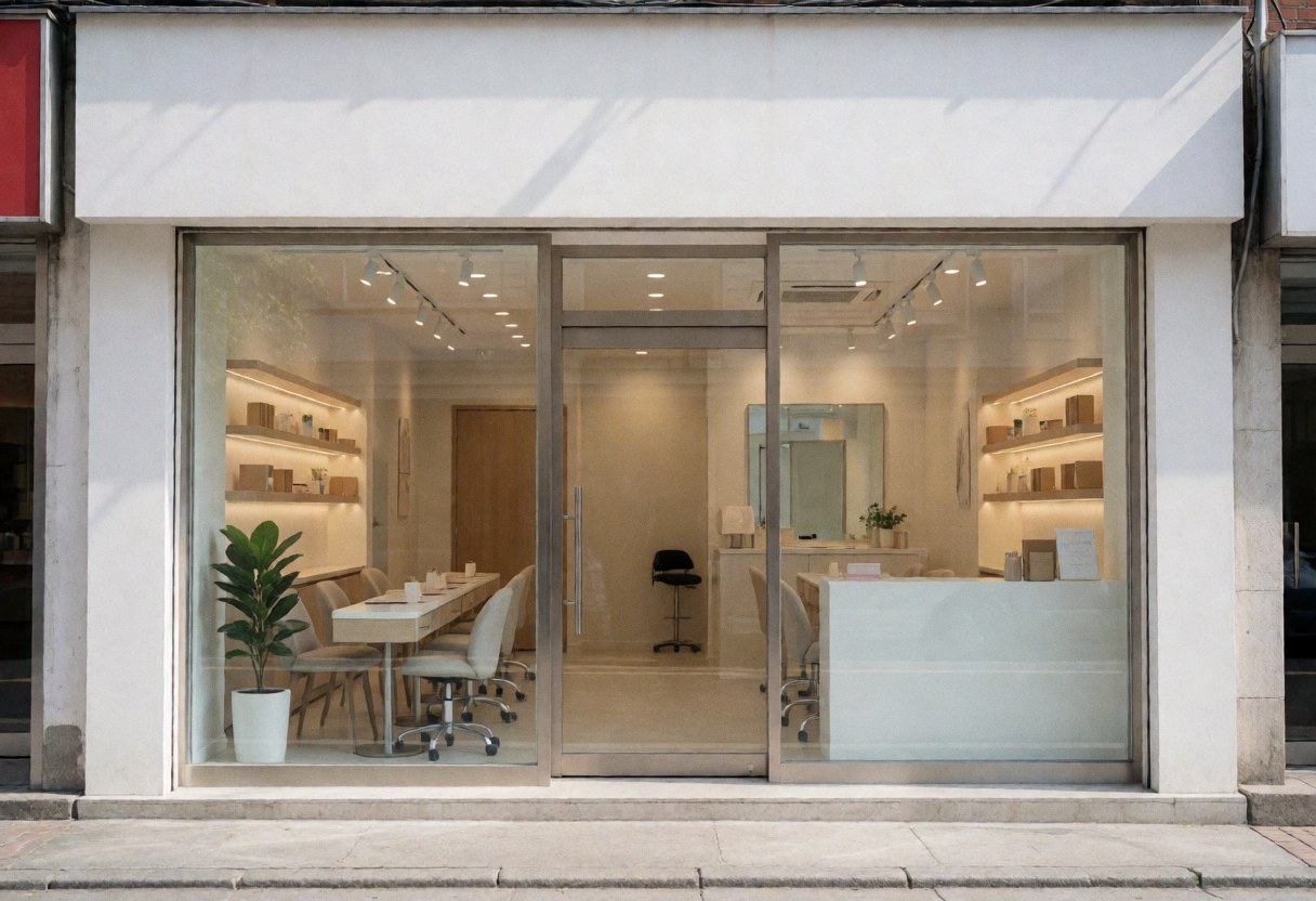 Façade d'un salon de manucure avec de grandes fenêtres, une lumière chaleureuse et un mobilier moderne visible, créant une ambiance accueillante.