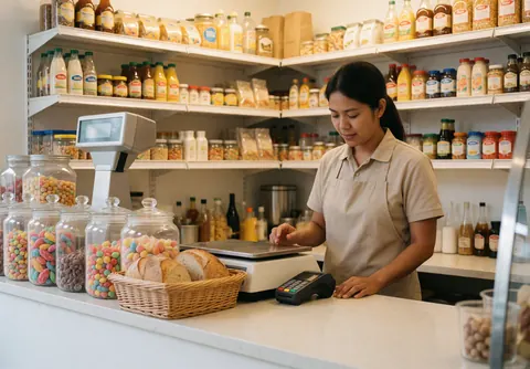 Caissière derrière le comptoir d'une épicerie avec des produits visibles, une balance et un environnement professionnel.