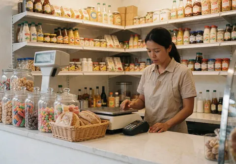 Caissière derrière le comptoir d'une épicerie avec des produits visibles, une balance et un environnement professionnel.