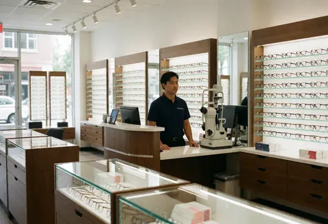 Intérieur propre et lumineux d'une optique moderne. Un employé se tient derrière le comptoir. Vitrines de lunettes, machine de mesure et lumière naturelle créent une ambiance professionnelle.