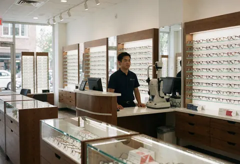Intérieur propre et lumineux d'une optique moderne. Un employé se tient derrière le comptoir. Vitrines de lunettes, machine de mesure et lumière naturelle créent une ambiance professionnelle.