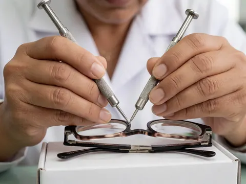 Des mains utilisent des outils métalliques pour ajuster les vis d'une monture de lunettes dans un atelier d'optique, avec une éclairage professionnel et un arrière-plan flou.