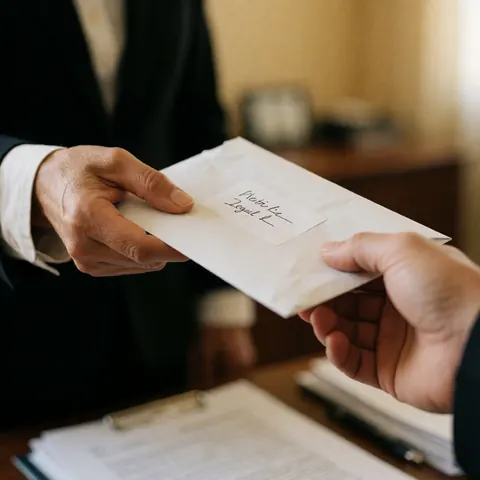 Un professionnel remet un dossier juridique à un client dans un bureau.