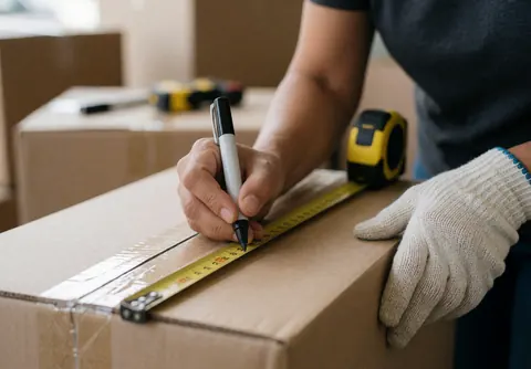 Une femme portant des gants de travail mesure et marque une boîte avec une règle et un marqueur, entourée de boîtes et d'outils dans un contexte de déménagement professionnel.