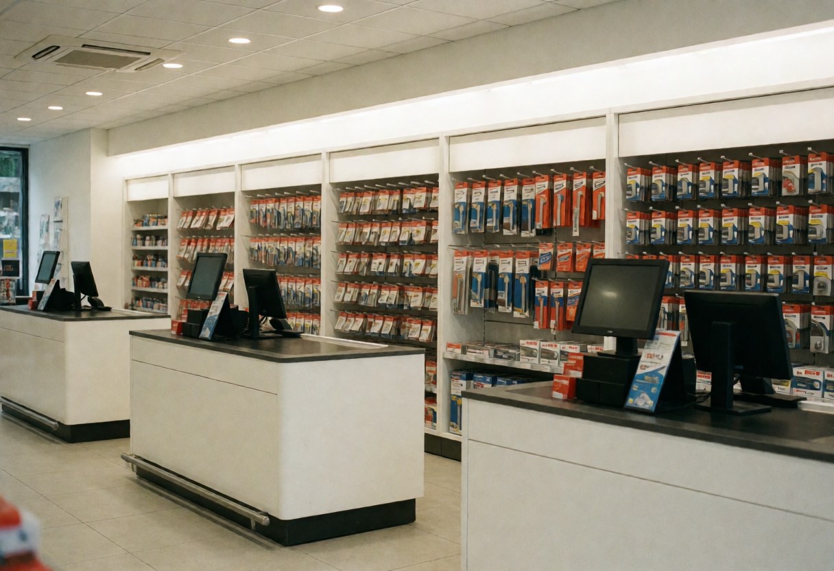 Vue rapprochée d'une caisse enregistreuse moderne sur le comptoir d'un magasin de matériaux et d'outils, avec des produits rangés à proximité.