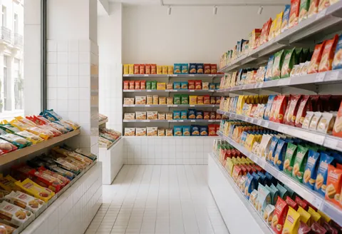 Couloir de minimarché avec des étagères remplies de produits, sol et murs blancs, lumière naturelle, ambiance propre et organisée.