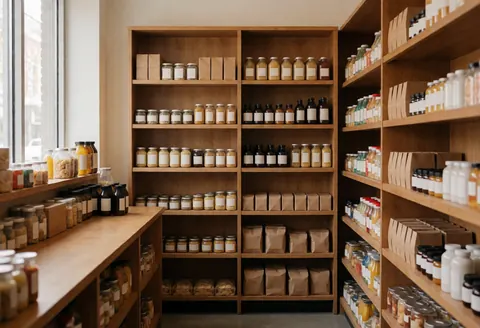 Intérieur d'un magasin avec des étagères en bois remplies de produits naturels, de bouteilles et de sacs, éclairé par la lumière naturelle d'une grande fenêtre, ambiance chaleureuse et réaliste.