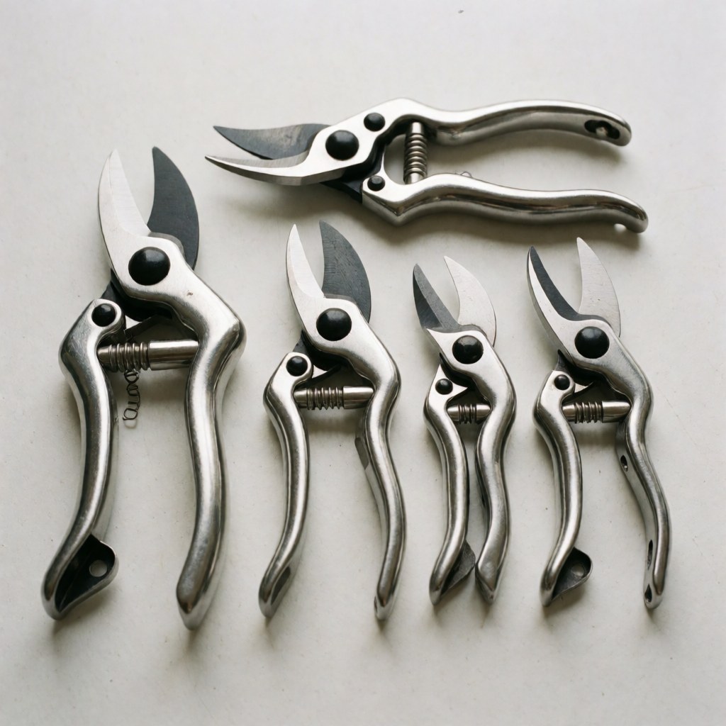 Des outils de jardinage professionnels en acier inoxydable disposés sur une surface en ardoise pour la vente commerciale.