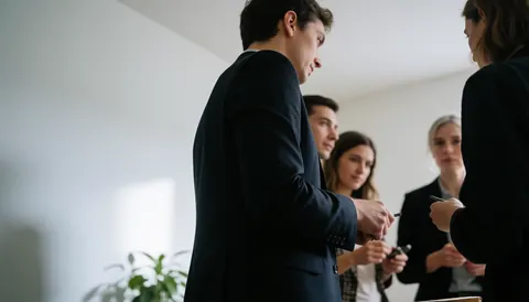 Salle de réunion épurée aux murs blancs avec éclairage soigné et espace pour texte à gauche. Groupe de professionnels en tenue de travail échangeant lors d'une session de formation.